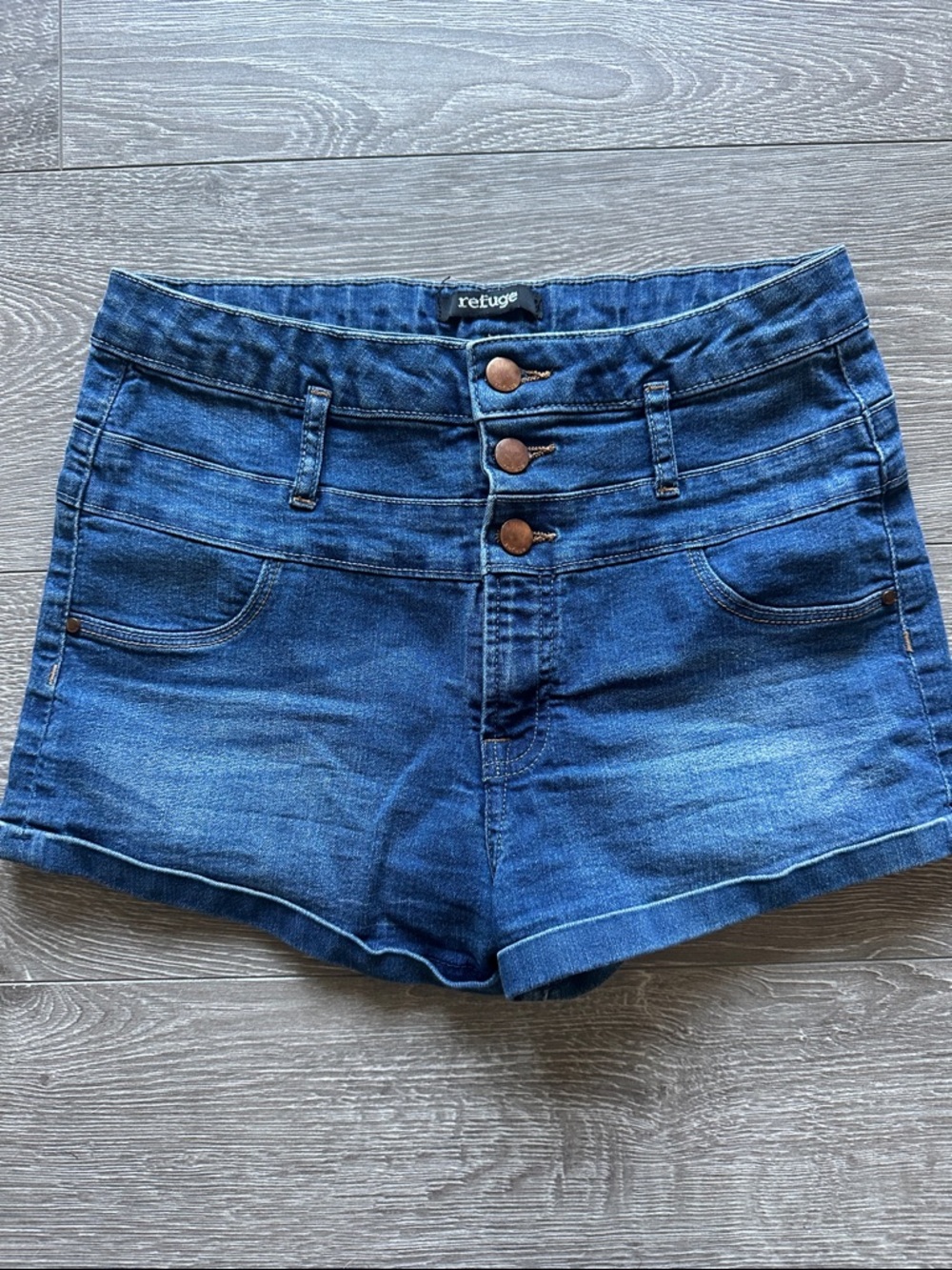 Refuge Triple-Button Mid-Rise Blue Denim Shorts